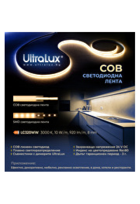 Професионална LED лента 10W/m, 3000K, 24V DC, 320 LEDs/m, COB