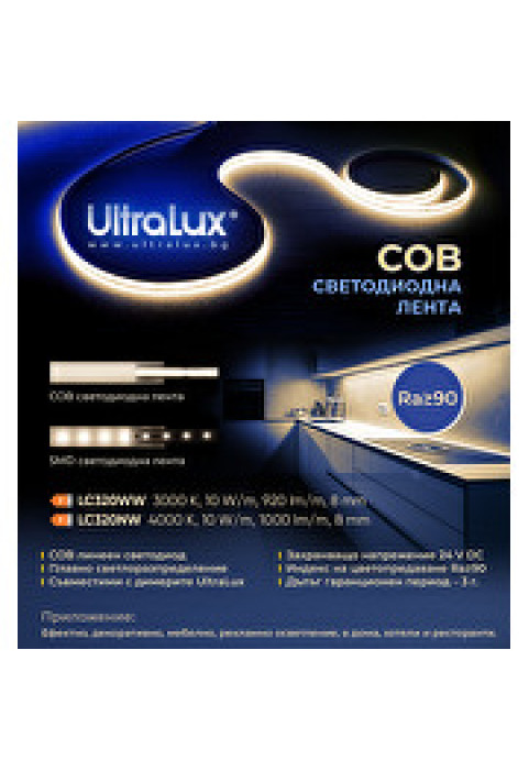 Професионална LED лента 10W/m, 4000K, 24V DC, 320 LEDs/m, COB