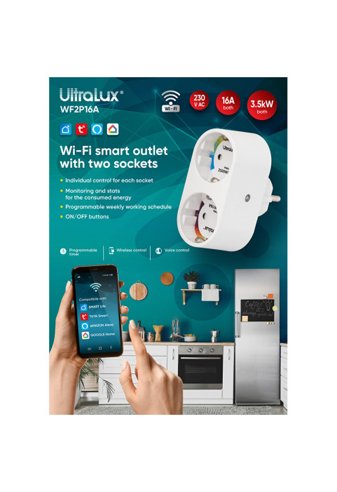 Wi-Fi Smart контакт, двоен, 16А, 3500W, 220-240V AC