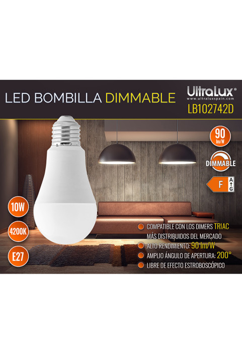 LED лампа крушка димираща, 10W, E27, 4200K, 220-240V AC, неутрална светлина