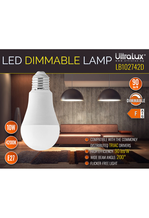 LED лампа крушка димираща, 10W, E27, 4200K, 220-240V AC, неутрална светлина