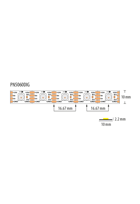 Дигитална RGB LED лента, 25.8W/m (0.43W/pixel), IC WS2815B, 12V DC, 60 pixels/m (60 LED/m), IP20, 5m