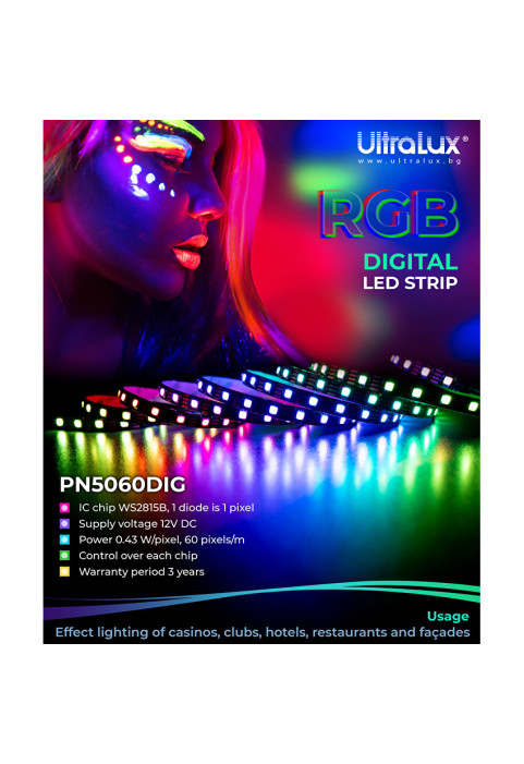 Дигитална RGB LED лента, 25.8W/m (0.43W/pixel), IC WS2815B, 12V DC, 60 pixels/m (60 LED/m), IP20, 5m