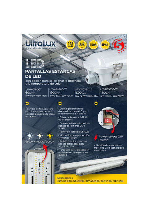 LED индустриално осветително тяло CCT PC, 1.20м, 36W max, 220V-240V AC, IP66