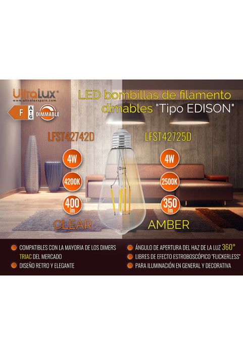 LED filament лампа крушка, димираща, 4W, E27, 4200K, 220-240V AC, неутрална светлина