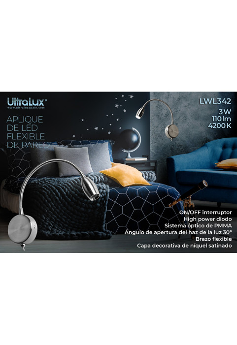 LED гъвкава лампа за стена сатиниран никел 3W, 4200K