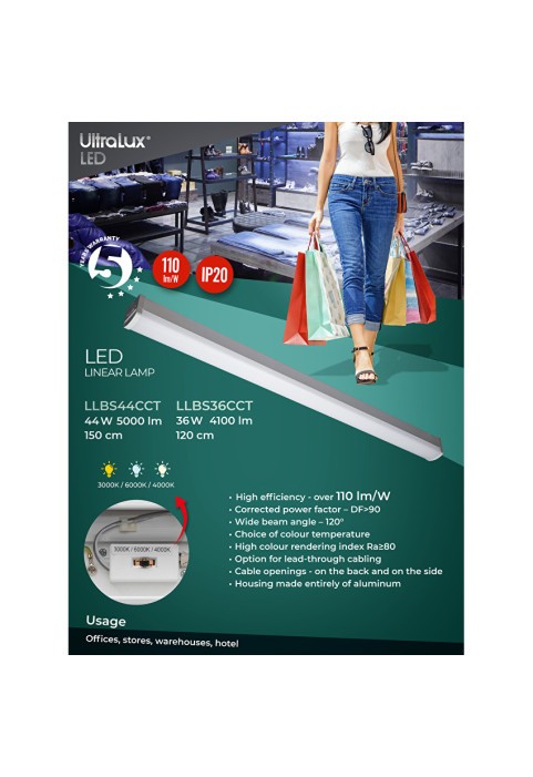 LED линейно осветително тяло CCT, 1.20м, 36W, 220V-240V AC, IP20