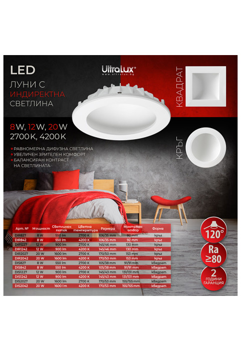 LED луна с индиректна светлина 8W, 2700K, 220-240V AC, топла светлина, квадрат
