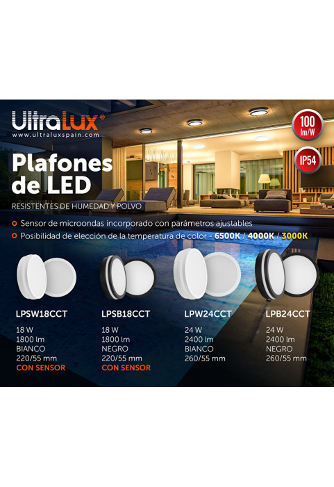 18W LED влагозащитена плафониера с микровълнов сензор за движение, черна, 3000K/4000K/6500K, 220V-240V AC, IP54