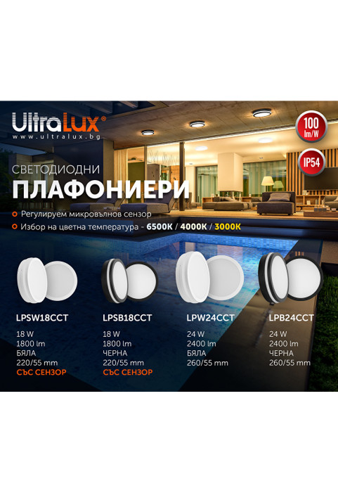 18W LED влагозащитена плафониера с микровълнов сензор за движение, черна, 3000K/4000K/6500K, 220V-240V AC, IP54