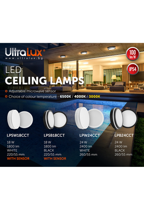 18W LED влагозащитена плафониера с микровълнов сензор за движение, черна, 3000K/4000K/6500K, 220V-240V AC, IP54