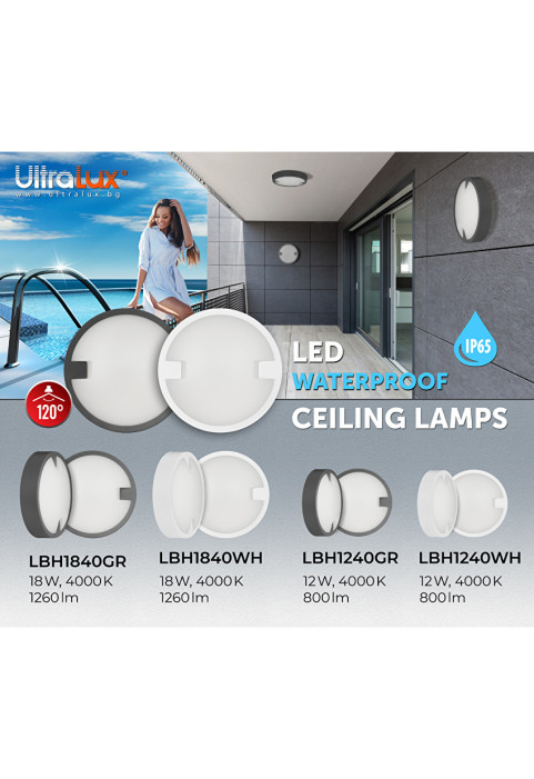 12W LED водоустойчива плафониера кръг, бяла, 4000K, 220-240V AC, неутрална светлина, IP65