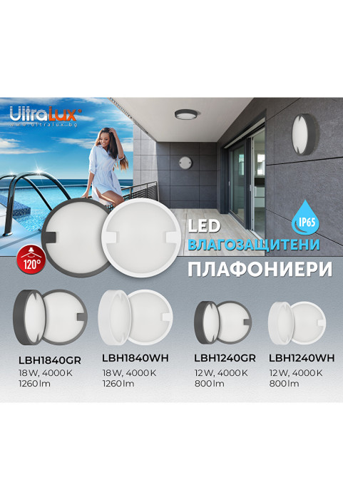 LED водоустойчива плафониера кръг, сива, 18W, 4000K, 220-240V AC, неутрална светлина, IP65