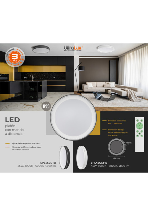 LED димираща CCT плафониера с дистанционно, бяла, 45W, 3000-6000К, 220-240V AC, IP20