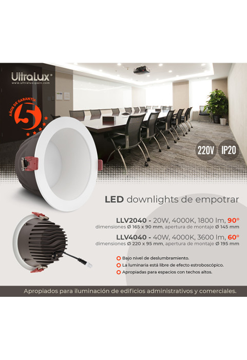 LED луна за вграждане с ниско ниво на заслепяване 40W, 4000K, 220-240V AC, неутрална светлина, 60°, IP20