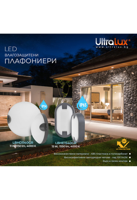 LED плафониера елипса, сива, 15W, 4000K, 220-240V AC, неутрална светлина, IP65