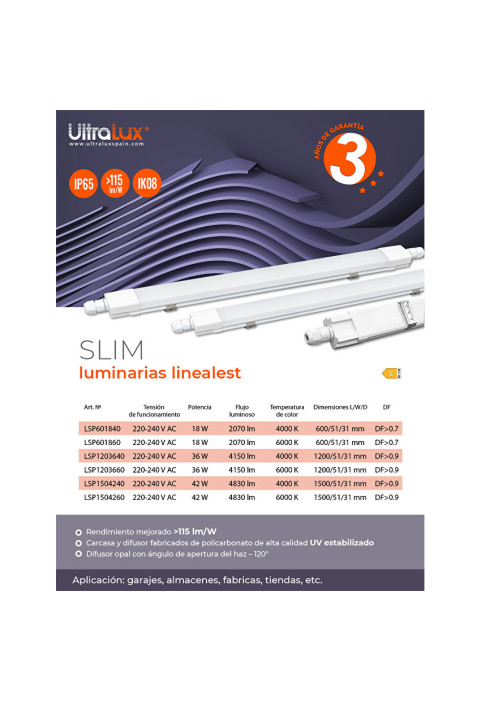 LED slim линейно осветително тяло 0.60m, IK08, 18W, 6000K, 220-240V AC, IP65