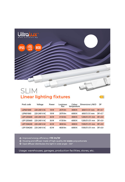 LED slim линейно осветително тяло 1.2m, IK08, 36W, 4000K, 220-240V AC, IP65
