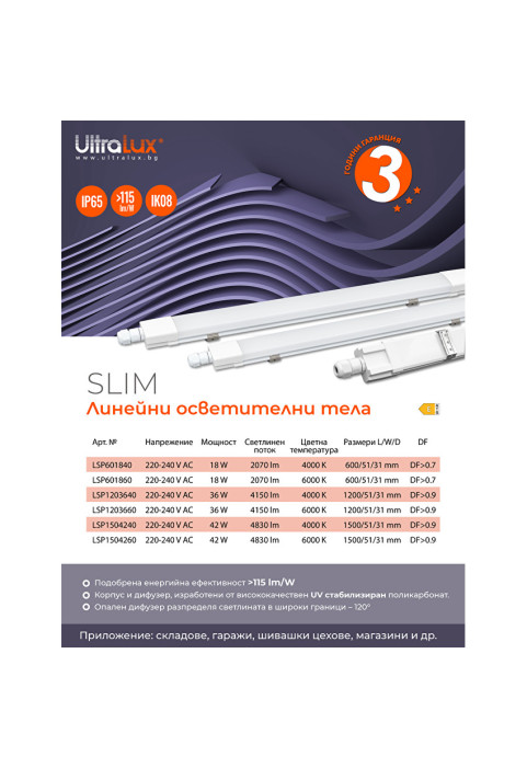 LED slim линейно осветително тяло 1.5m, IK08, 42W, 6000K, 220-240V AC, IP65