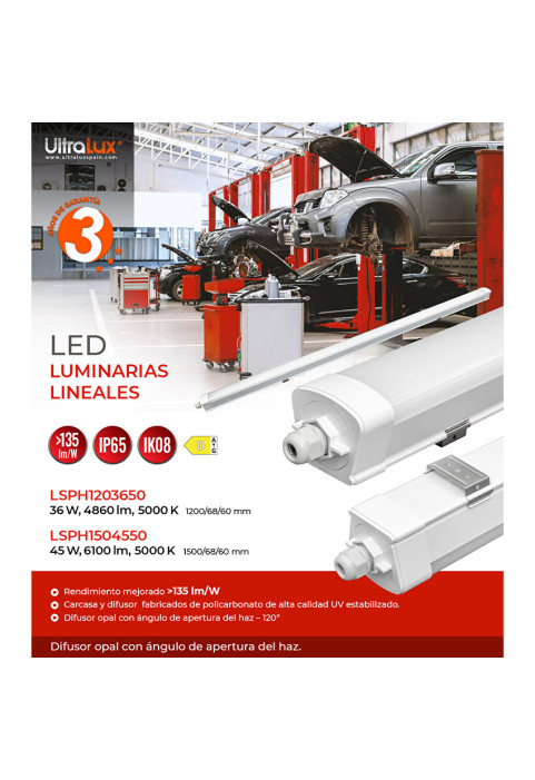 LED slim линейно осветително тяло 1.2m, IK08, 36W, 5000K, 220-240V AC, IP65