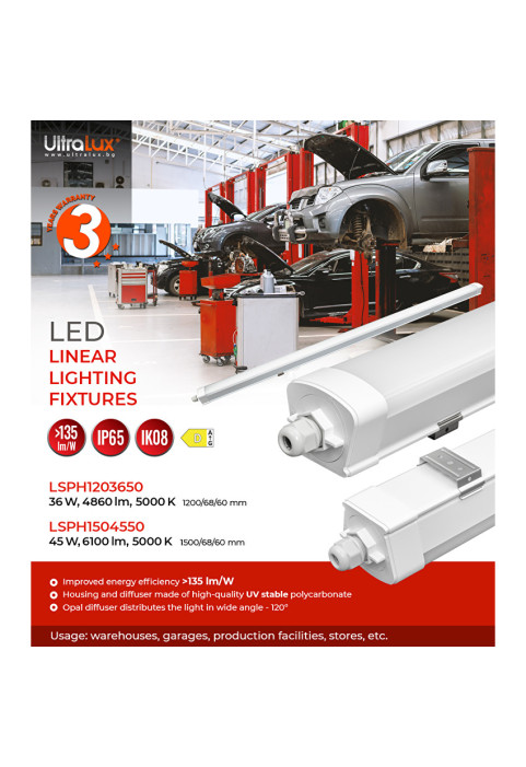 LED slim линейно осветително тяло 1.2m, IK08, 36W, 5000K, 220-240V AC, IP65