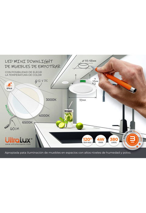 Мебелна LED луна за вграждане, кръг, 4W, 3000K/4000K/6500K, 12V DC, IP44, бяла