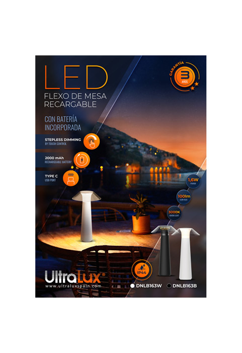 LED димираща презареждаема настолна лампа 1.6W, 3000K, IP44, черна