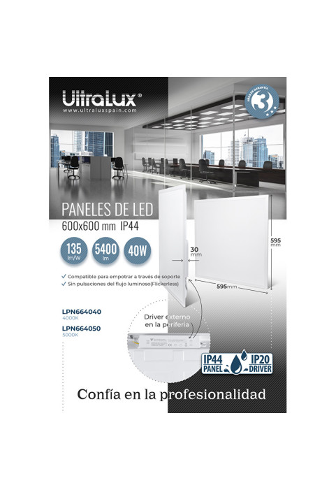 LED панел 600x600 mm, 40W, 4000K, 135 lm/W, 220V-240V AC, IP44