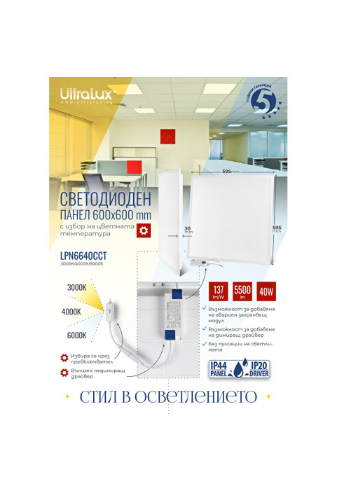 LED панел 600x600 mm, 40W, 3000K/4000K/6000K, 135 lm/W, 220V-240V AC, IP44