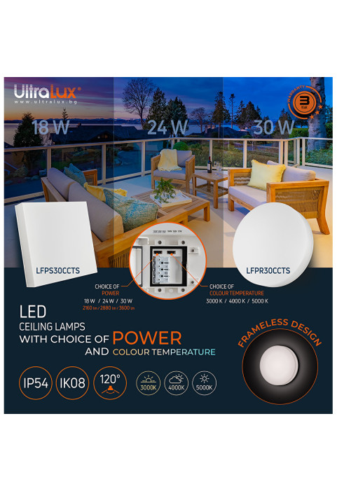 LED плафониера 18W/24W/30W, CCT 3000K/4000K/5000K, 220V-240V AC, IK08, бяла, квадрат, IP54