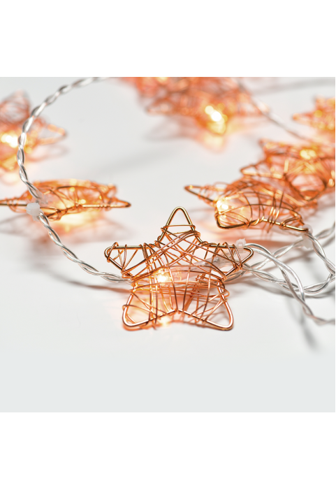 "МЕТАЛНИ ЗВЕЗДИ", 10 LED СТРУННИ СВЕТЛИНИ С БАТЕРИИ (3xAA) & ТАЙМЕР (6ON / 18OFF), ТОПЛО БЯЛО, МЕДЕН МЕТАЛ, IP20, 135 + 30cm ПРОЗРАЧЕН ОЛОВЕН КАБЕЛ