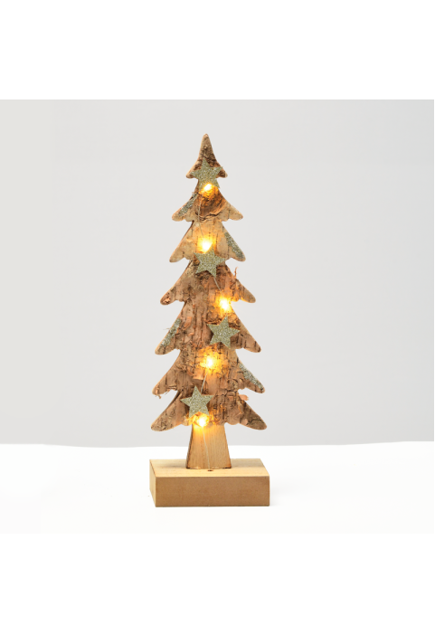 ДЪРВЕНА XMAS ДЪРВЕНА СВЕТЛИНА КАФЯВО ДЪРВО+ГОЛЯМО 5ЛЕД ЛАМПИ БАЕРИЯ(2xAAA)ТОПЛО БЯЛОIP20 9.5x6x31cm
