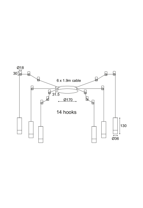 ПОЛИЛЕЙ 6ΧG9 ЧЕРНО МЕТАЛНО 6x D3,6XH13CM КАБЕЛ 1,9M 14HOOKS TERES