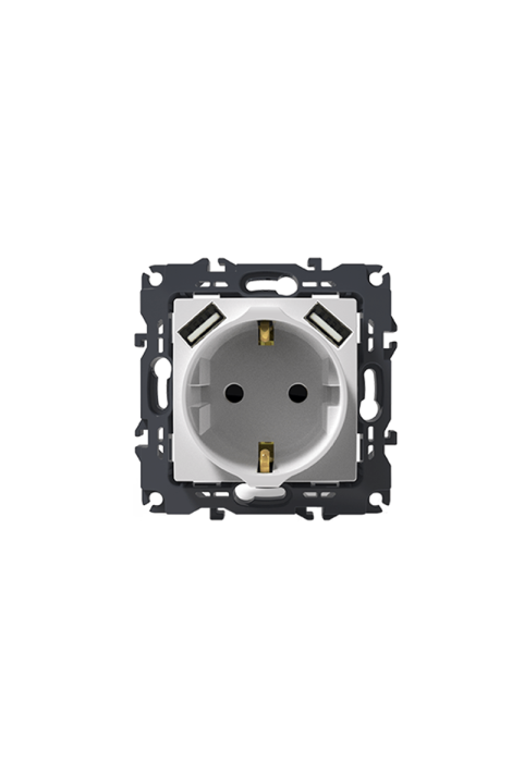 PRIME SCHUKO SOCKET WITH SAFETY SHUTTER 1x2P+E 16A 250VAC & 2 USB 5VDC 3.1A IP20 WHITE