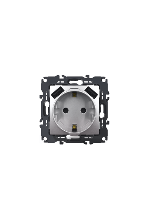 PRIME SCHUKO SOCKET WITH SAFETY SHUTTER 1x2P+E 16A 250VAC & 2 USB 5VDC 3.1A IP20 MATT ALUMINUM