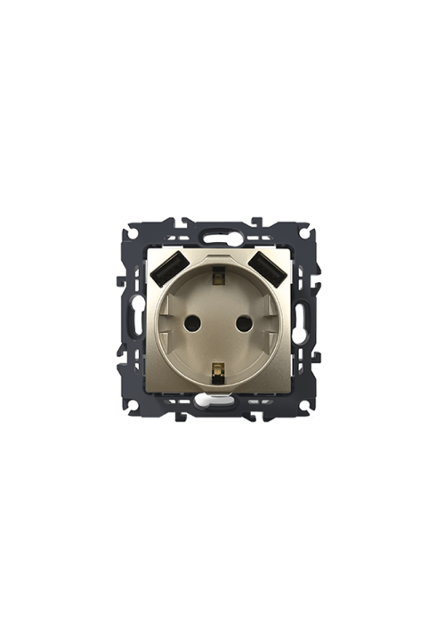 PRIME SCHUKO SOCKET WITH SAFETY SHUTTER 1x2P+E 16A 250VAC & 2 USB 5VDC 3.1A IP20 MATT CHAMPAGNE