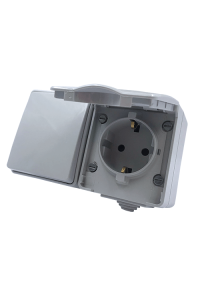 ARMY HORIZONTAL BLOCK 1 GANG 2 WAY SWITCH 1P 10AX 250VAC IP55 & SCHUKO SOCKET WITH SAFETY SHUTTER 1x2P+E 16A 250VAC IP55 (IP54) WALL MOUNTED WATERPROOF SCREWS LIGHT GREY