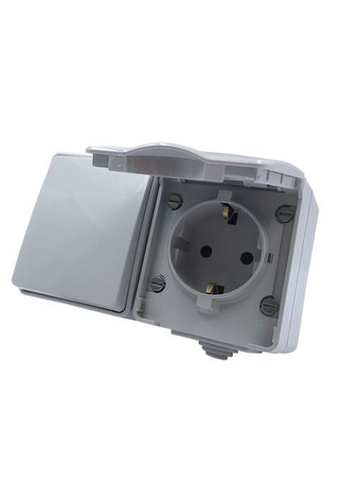 ARMY HORIZONTAL BLOCK 1 GANG 2 WAY SWITCH 1P 10AX 250VAC IP55 & SCHUKO SOCKET WITH SAFETY SHUTTER 1x2P+E 16A 250VAC IP55 (IP54) WALL MOUNTED WATERPROOF SCREWS LIGHT GREY