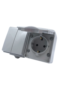 ARMY HORIZONTAL BLOCK 2 GANG 1 WAY SWITCH 1+1P 10AX 250VAC IP55 & SCHUKO SOCKET WITH SAFETY SHUTTER 1x2P+E 16A 250VAC IP55 (IP54) WALL MOUNTED WATERPROOF SCREWS LIGHT GREY