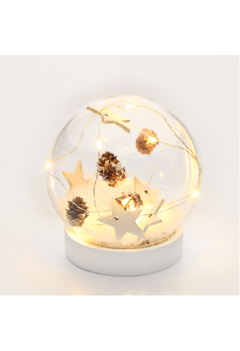 "СТЪКЛЕНА СНЕЖНА ТОПКА ЗВЕЗДИ", 10 МИНИ WW LED СВЕТЛИНИ ПРИЛЕП. (2XAAA) IP20 Φ12CM