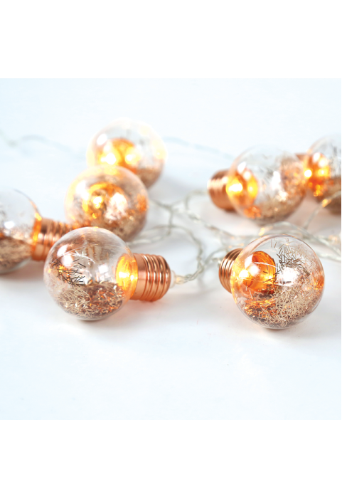 "СТЪКЛЕНА МЕДНА LED КРУШКА" 10 LED НИЗ СВЕТЛИНИ БАТЕРИИ (2xAA), WW, IP20, 135 + 30cm, TRAN / NT LEAD КАБЕЛ