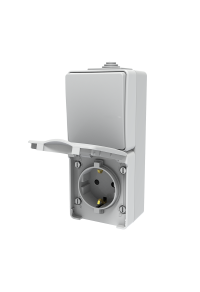 ARMY VERTICAL BLOCK 1 GANG 2 WAY SWITCH 1P 10AX 250VAC IP55 & SCHUKO SOCKET WITH SAFETY SHUTTER 1x2P+E 16A 250VAC IP55 (IP54)  WALL MOUNTED WATERPROOF SCREWS LIGHT GREY