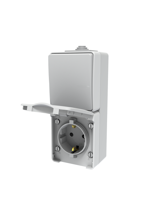 ARMY VERTICAL BLOCK 1 GANG 2 WAY SWITCH 1P 10AX 250VAC IP55 & SCHUKO SOCKET WITH SAFETY SHUTTER 1x2P+E 16A 250VAC IP55 (IP54)  WALL MOUNTED WATERPROOF SCREWS LIGHT GREY