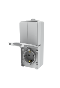 ARMY VERTICAL BLOCK 2 GANG 1 WAY SWITCH 1+1P 10AX 250VAC IP55 & SCHUKO SOCKET WITH SAFETY SHUTTER 1x2P+E 16A 250VAC IP55 (IP54)  WALL MOUNTED WATERPROOF SCREWS LIGHT GREY