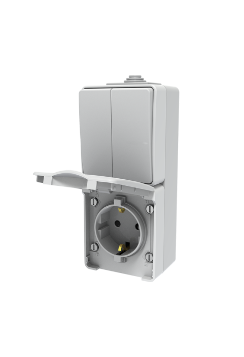 ARMY VERTICAL BLOCK 2 GANG 1 WAY SWITCH 1+1P 10AX 250VAC IP55 & SCHUKO SOCKET WITH SAFETY SHUTTER 1x2P+E 16A 250VAC IP55 (IP54)  WALL MOUNTED WATERPROOF SCREWS LIGHT GREY