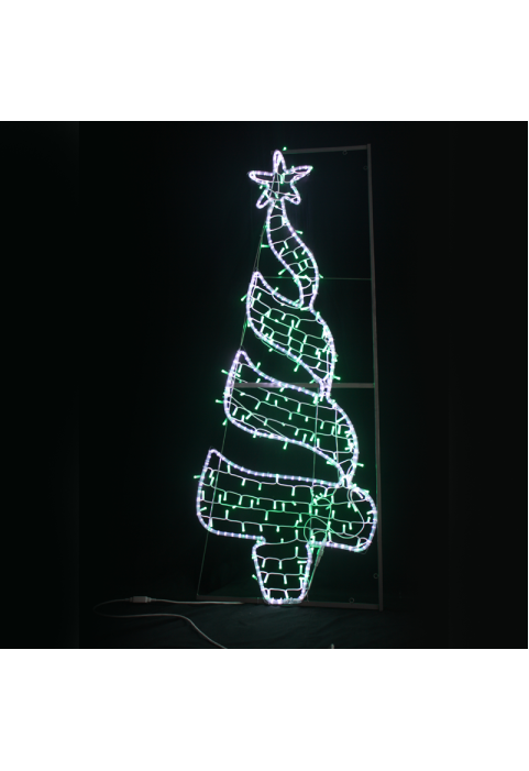 "КОЛЕДНО ДЪРВО", 270 &200 LED УЛИЦА ПОЛЮС МОТИВ 7.5m 2-ТЕЛЕНО ВЪЖЕ + СТРУННИ СВЕТЛИНИ, CW + GREEN STEADY, IP44, 750x200CM, 1.5m LEAD КАБЕЛ