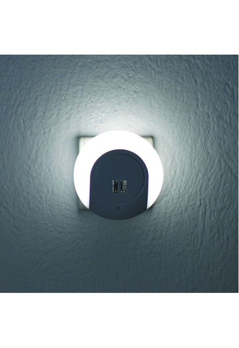 НОЩНА LED ЛАМПА  1W 4000K ΜΕ 2 USB ПОРТА ,КОНТАКТ ON/OFF И AUTO MODE,БЯЛА ПЛАСТМАСА  230V IP20 