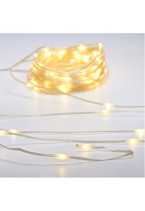 100 LED СТРУННИ СВЕТЛИНИ, МЕДЕН КАБЕЛ, WW С БАТЕРИИ 3AA  8 ФУНКЦИИ IP44 ДЪЛЖИНА 10m 0,3m ПРОЗРАЧЕН КАБЕЛ