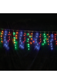 144 LED СВЕТЛИНИ ДЪЖД 5-7-5-7  24 СТРУНИ МНОГОЦВЕТЕНИ, АДАПТЕР 31VDC И МОЖЕЩИ СЕ СВЪРЗИ МАКСИМУМ 4 КОМПЛЕКТА IP44 300X60cm 3m ПРОЗРАЧЕН КАБЕЛ