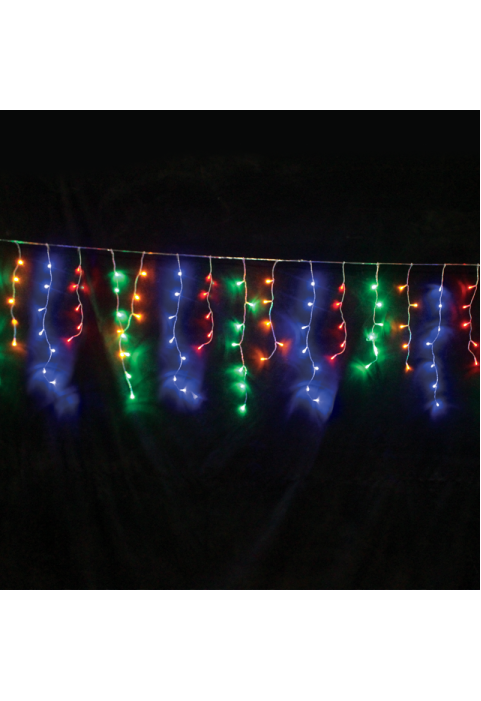 144 LED СВЕТЛИНИ ДЪЖД 5-7-5-7  24 СТРУНИ МНОГОЦВЕТЕНИ, АДАПТЕР 31VDC И МОЖЕЩИ СЕ СВЪРЗИ МАКСИМУМ 4 КОМПЛЕКТА IP44 300X60cm 3m ПРОЗРАЧЕН КАБЕЛ